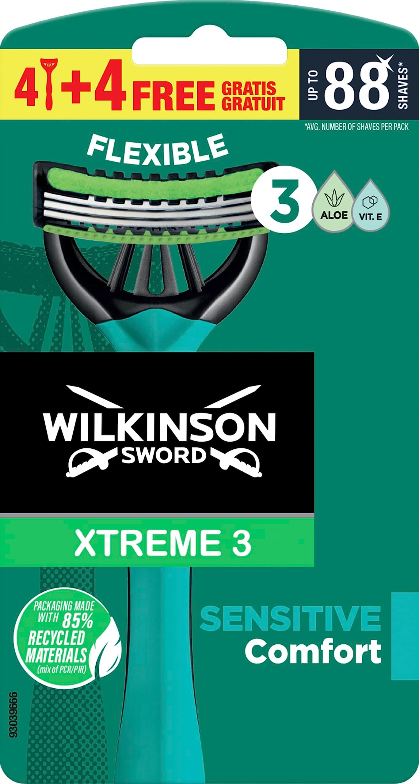Wilkinson Sword Xtreme 3 Sensitive Disposable Razor with 3 Flexible Blades and Lubricating Strip with Aloe Vera and Vitamin E (Pack of 4 + 4)