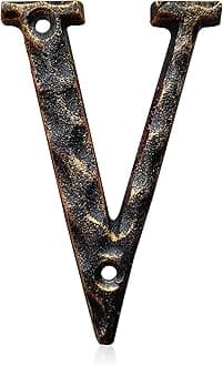 5.5 Inch House Numbers & Letters, Highly Visible Cast Iron Metal Home Address Number for Street Office Mailbox, Antique Brass (Letter V)