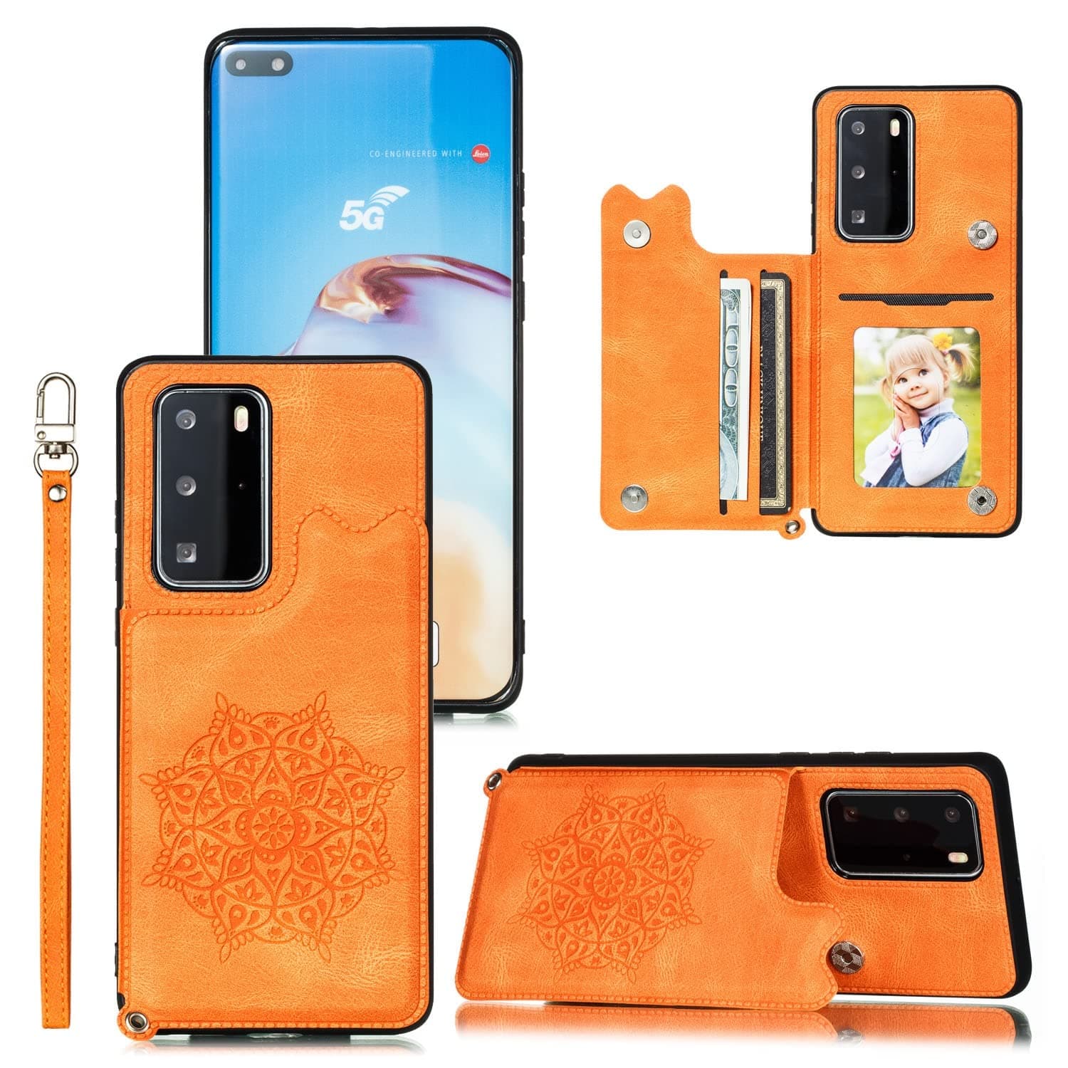 حالة Huawei P40 Pro+/P40 Pro Plus Case مع حامل البطاقة ، بو حالة فتحات بطاقات كيكستاند الجلدية ، قفل مغناطيسي مزدوج وغطاء متين للصدمات لـ Huawei P40 Pro+/P40 Pro Plus (Color : Orange)