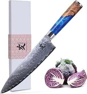 SAMCOOK Damascus Chef Knife - 8 Inch Professional Sharp Gyuto Knife - Japanese VG-10 High Carbon Stainless Steel Kitchen Cooking knife - Ergonomic Blue Resin Wood Handle with Gift Box