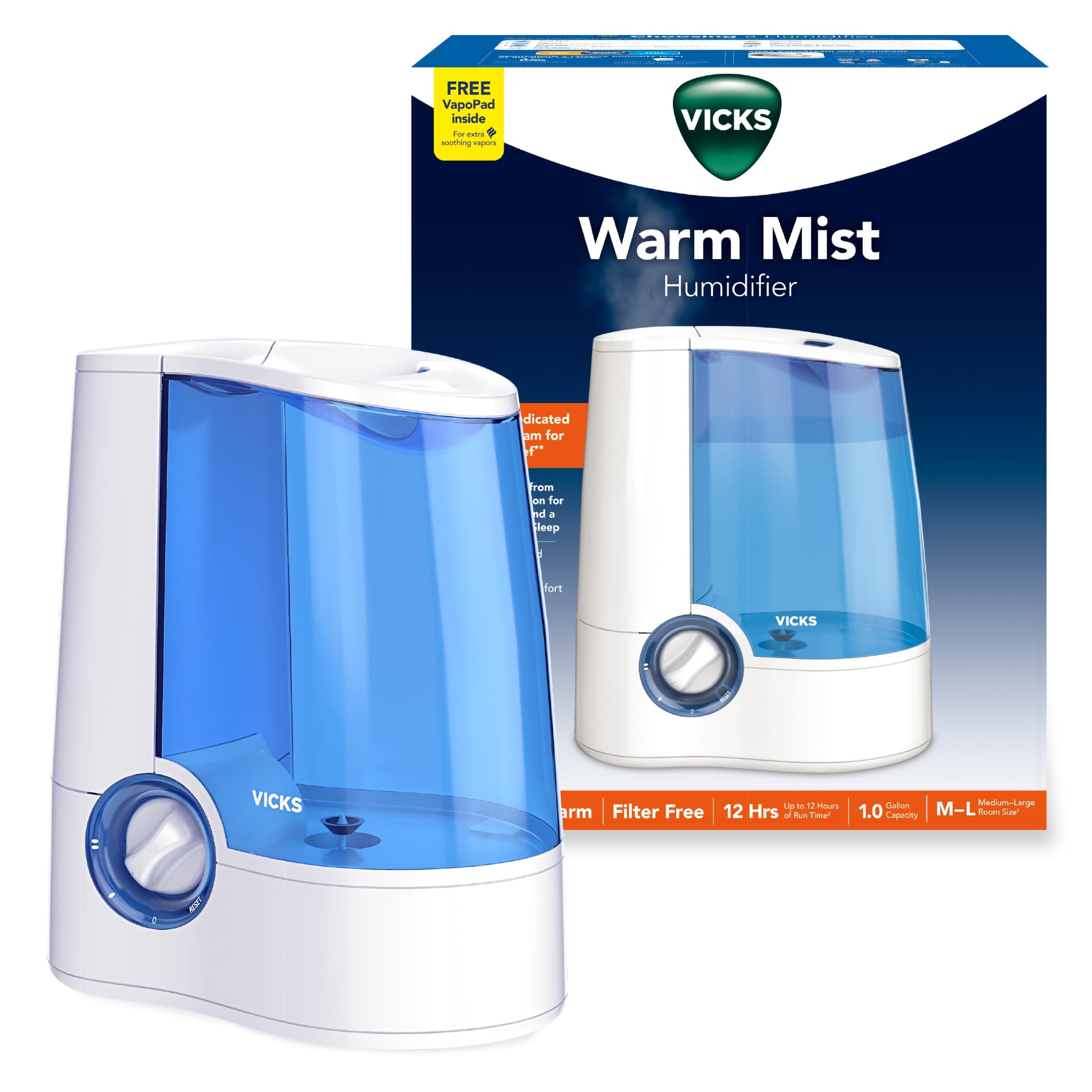 Vicks Warm Mist Humidifier Filter‑Free 1 Gal Tank, Auto Shut‑Off, Night Light, VapoPad and VapoSteam Compatible