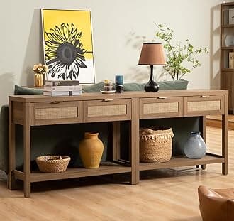 SICOTAS Console Table Set of 2 - Boho Entryway Table with Rattan Drawers, Rattan Console Table with 2 Tier Shelf, Narrow Long Sofa Tables for Living Room, Entry Table for Hallway, Foyer