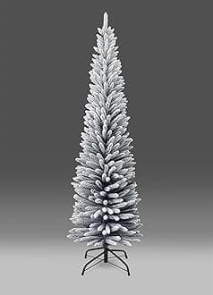 4Ft/1.2m Slim Christmas Tree Artificial Snow Flocked Frosted Pencil Tree 172 Pointed Tips, Metal Stand, Holiday Home Decorations