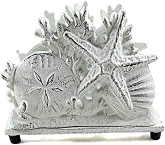 Handcrafted Nautical Decor Rustic Whitewashed Cast Iron Seashell Napkin Holder 7" - Decorative Sea Shell -