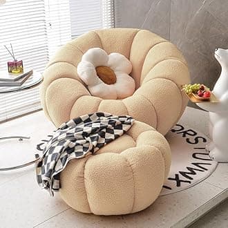 Maple Home Decoration Lamb Fleece Sofa Set Modern Nordic Flower Minimalist Style Sofa for Living Room Furniture (Beige-Single Seater+Footstool)