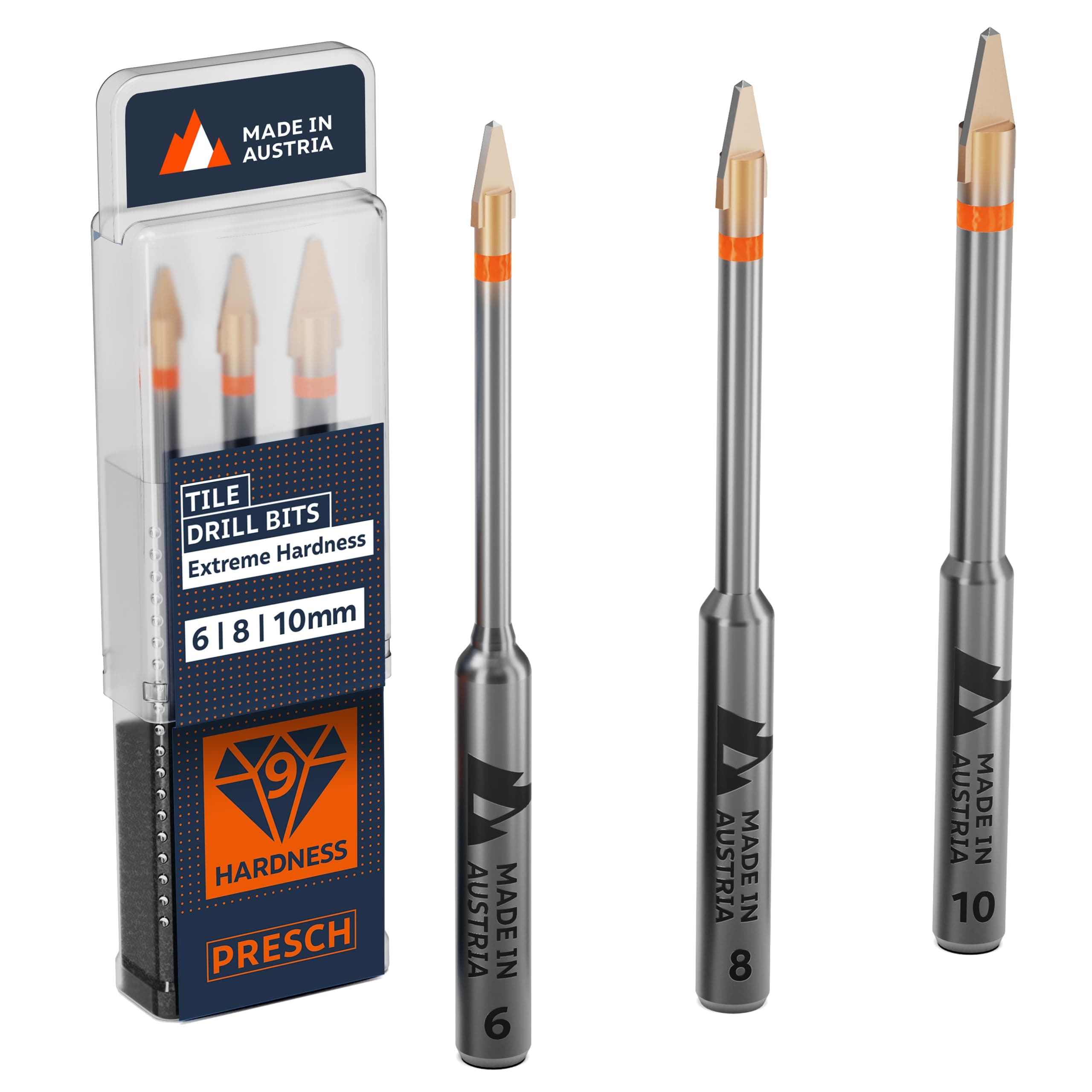 Presch Tile Drill Bit Set 3-piece | ⌀ 6mm, 8mm, 10mm | Tile Drill bits specifically designed for hard tiles, ceramics, glass, and porcelain | Ceramic drill bit, porcelain tile drill bit including box
