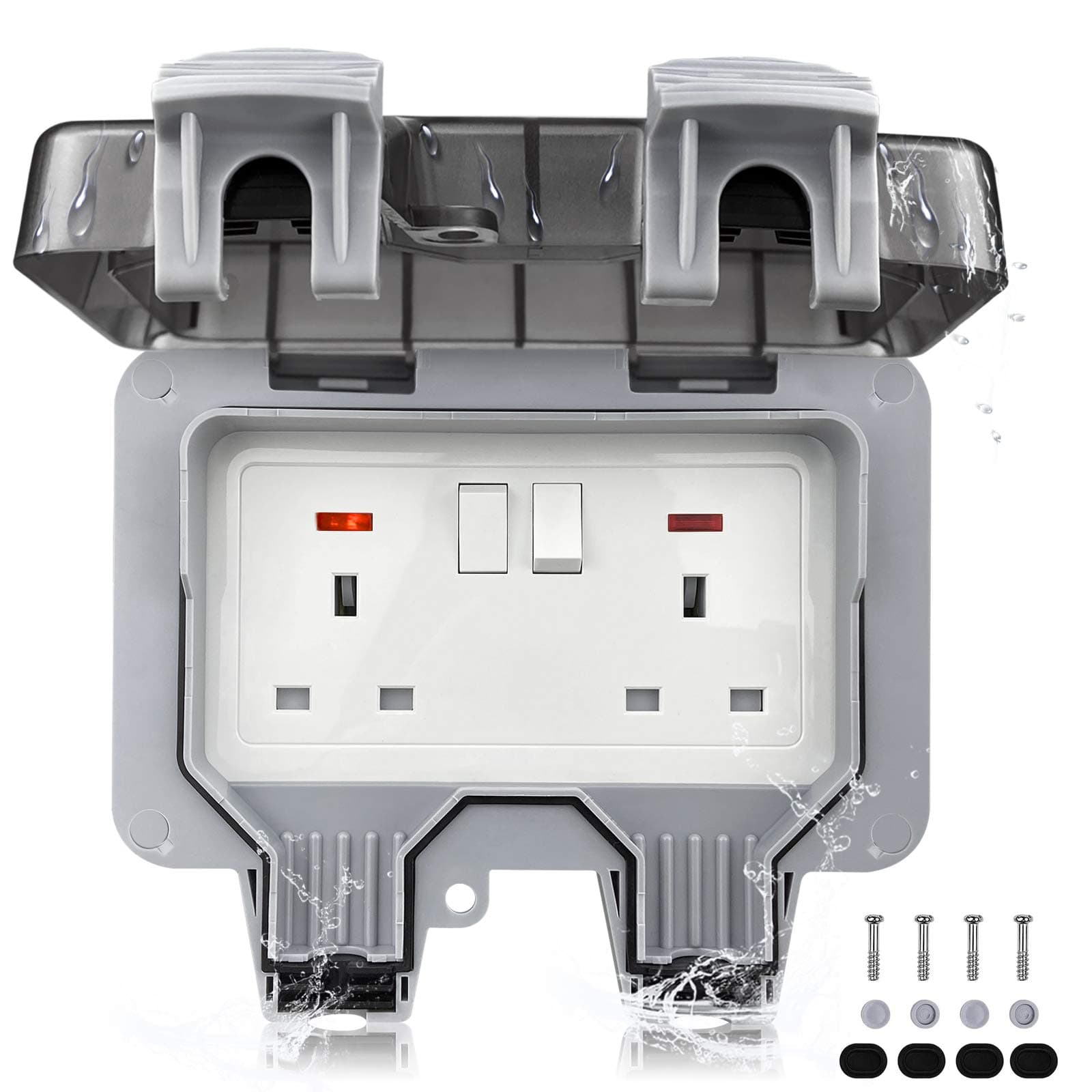 Weatherproof Outdoor Sockets, Waterproof Double Socket Wall Electrical Outlets Box Switched Socket Cover 13A IP66 2 Gang Outside Plug Sockets