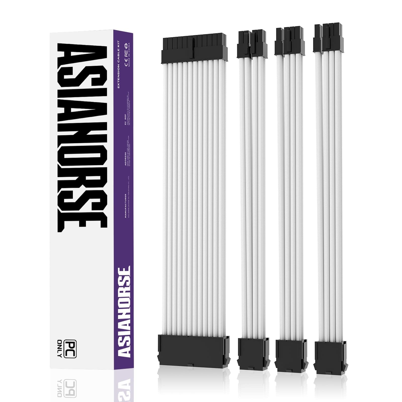 AsiaHorse 18AWG PSU Cable Extension Sleeved Custom Mod GPU PC Audio Video Power Supply Soft Braided Cables with Two Color Comb Kit 24P/8P to 6+2P/ 8P to 4+4P 30CM