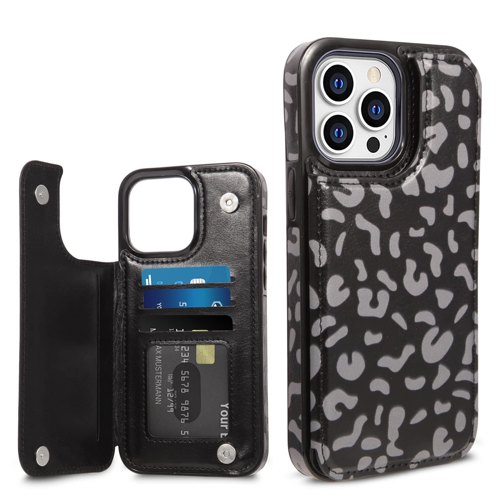 Wallet Case Compatible with iPhone 14 Pro Max 6.7 inch, KSWNG Slim Protective Case with Card Holder, Flip Soft PU Leather Magnetic Durable Shockproof Cover (Black Leopard)