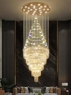 - 40''x 90'' Gold Large Crystal Chandelier LED Dimming 5-Tier High Ceiling Pendant Light Raindrop Chandeliers for Foyer Staircase Living Room Entryway