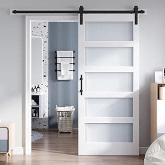 34x84 Inch Glass Sliding Barn Door Slab and 6ft Hardware Kit Included, 5 Frosted Glass, LVL Wood Panel Covered with White Water-Proof Scratch-Proof PVC Surface, Simple DIY Assembly