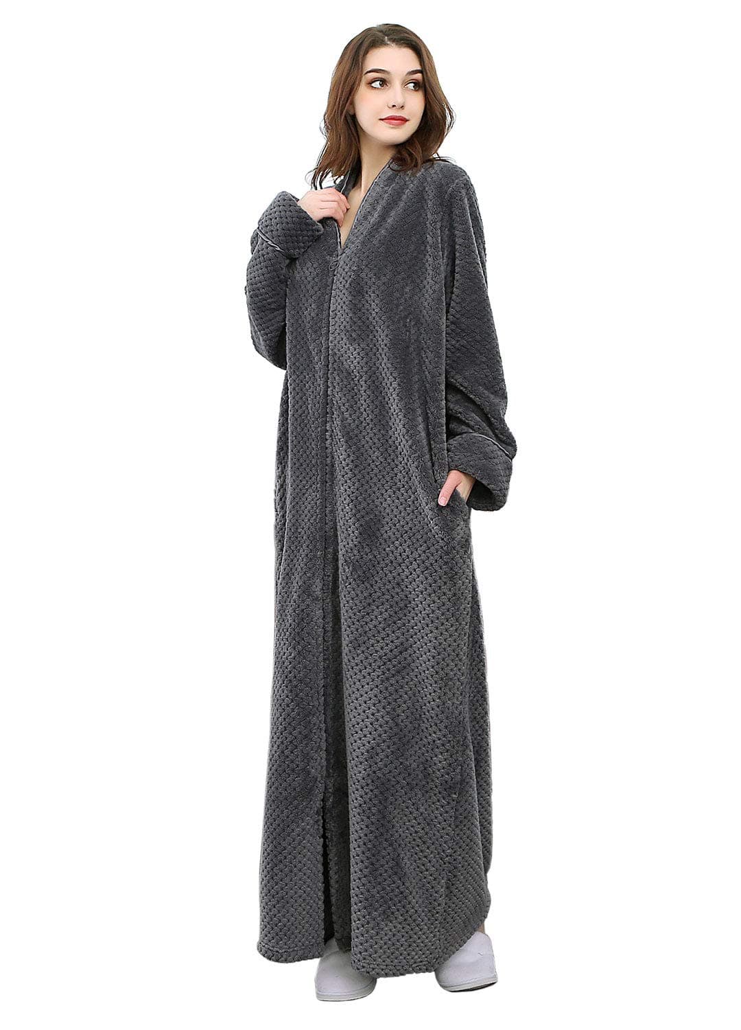 Women's Zip Front Bathrobe Soft Warm Long Fleece Plush Robe Plus Size Full Length Housecoat Sleepwear Dressing Gown