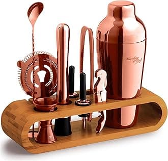 Mixology Cocktail Shaker Set - 10-Piece Cocktail Making Set - Home Bartender Kit in Bamboo Stand with Spoon, Boston Shaker, Other Tools for Drink Mixing, Martini, Mocktail - Gift Set (Copper)