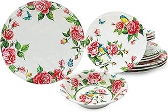 LEHAHA 12 Pcs Melamine Dinnerware Sets, Rose Flower Plates and Bowls Sets, Set of 4, Floral Dishes Dinnerware Set, Great For Valentine's Day,Christmas, Mother's Day and Daily Use, Red Rose