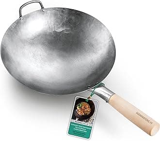 Round Bottom 14-inch Traditional Carbon Steel Wok Pan - Authentic Hand Hammered Woks and Stir Fry Pans - Pow Wok with no chemical coating