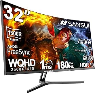 32-Inch Curved Gaming Monitor WQHD 2560 x 1440 180Hz Curved 1500R -Fast VA,1ms(OD), HDR, 300nits, sRGB 125%, DCI-P3 95%, FreeSync, HDMI x2, DP1.4x2(DP Cable Included)