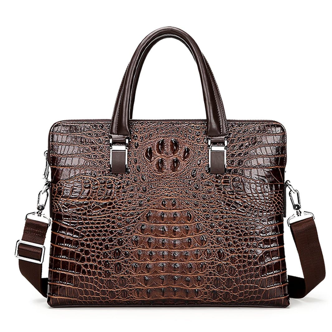 Mens Leather Briefcase Crocodile Pattern Handbag Alligator Embossed Organizer Briefcase for Men Double zipper Man Laptop Bag Brown