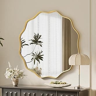 VooBang Gold Scalloped Circle Mirror, 24" Wavy Edge Round Wall Mirror with Tempered Glass Textured Circular Metal Deep Frame, Hanging Leaning for Bathroom, Hallway, Entryway, Livng Room