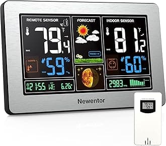 Newentor Weather Station Wireless Indoor Outdoor Thermometer, Color Display Digital Weather Thermometer with Atomic Clock, Barometric Pressure, Forecast Station with Adjustable Backlight, Sliver