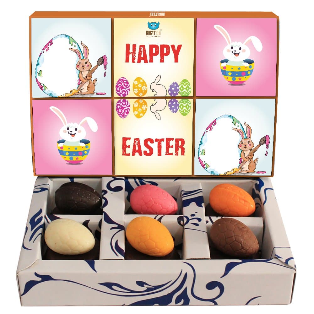 Chocolate Easter Eggs with Almond Filling 80g | Assorted Flavours Dark, Milk, White, Mango, Orange & Strawberry | Premium Festive Gift Chocolates | Colorful Festive Eggs | Bunny Theme Packaging, Perfect for Gifting Kids, Parties & Hampers