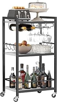 TUTOTAK Bar Cart, Home Bar Serving Cart, Microwave Cart, Drink Cart, Mobile Kitchen Shelf with Wine Rack and Glass Holder, Rolling Beverage Cart for Living Room, Kitchen BC01BM032