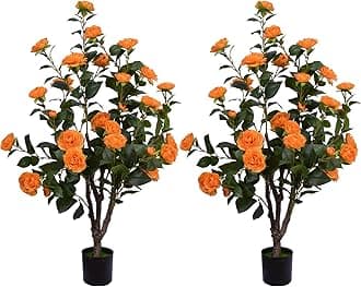 Artificial Camellia Tree 3.3ft, 2 Pack Faux Camellia Tree Fake Orange Flower Tree for Wedding Home Office Indoor Outdoor Decor Orange