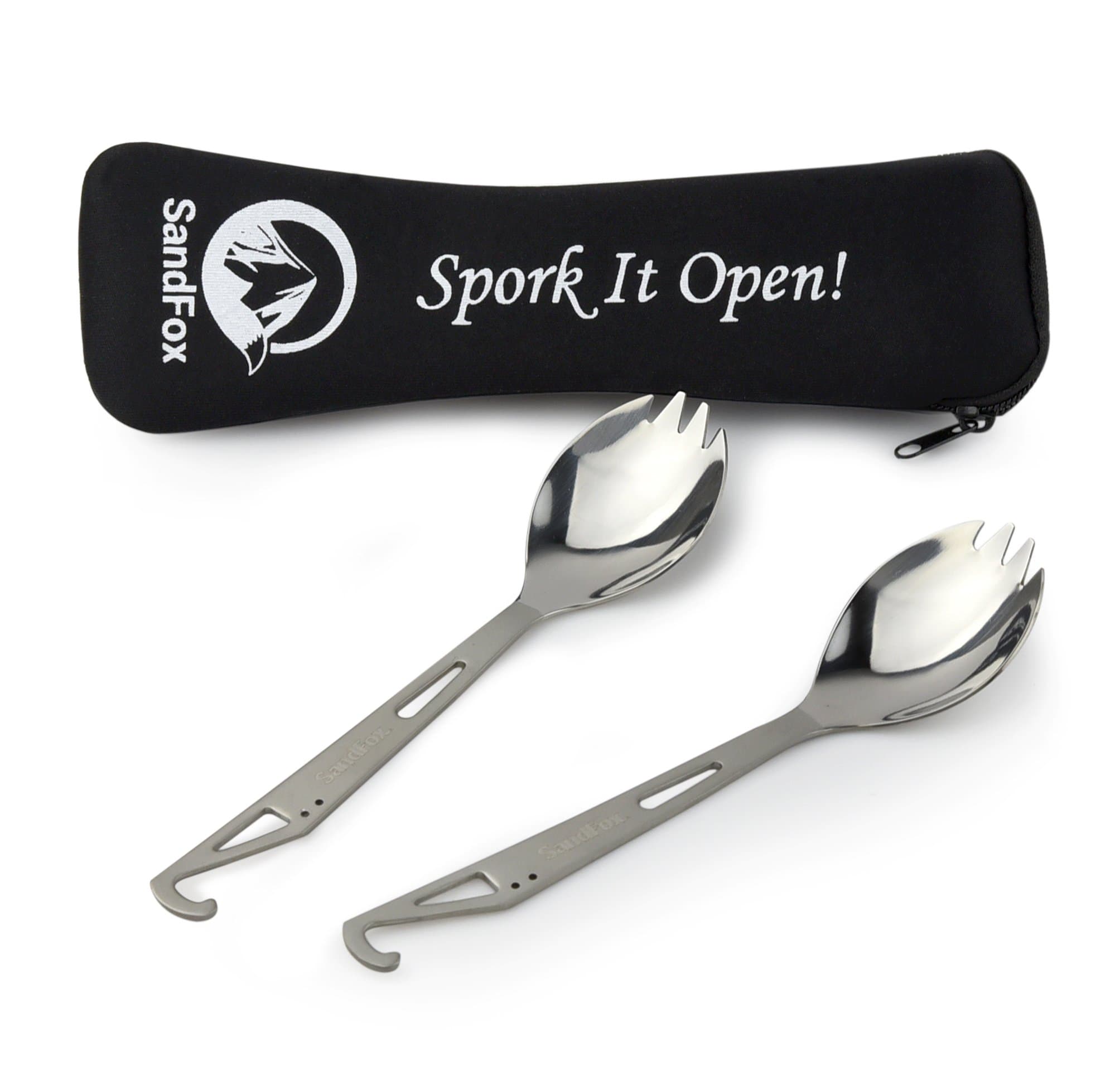 SandFox Spork It Open! Camping Spork Set Premium Quality Extra Tough Stainless Steel Sporks and Top Class Neoprene Case (A Set of 2 Sporks)