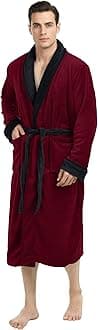 NY Threads Luxurious Men's Shawl Collar Fleece Bathrobe Spa Robe (Large/X-Large, Burgundy with Black Contrast)