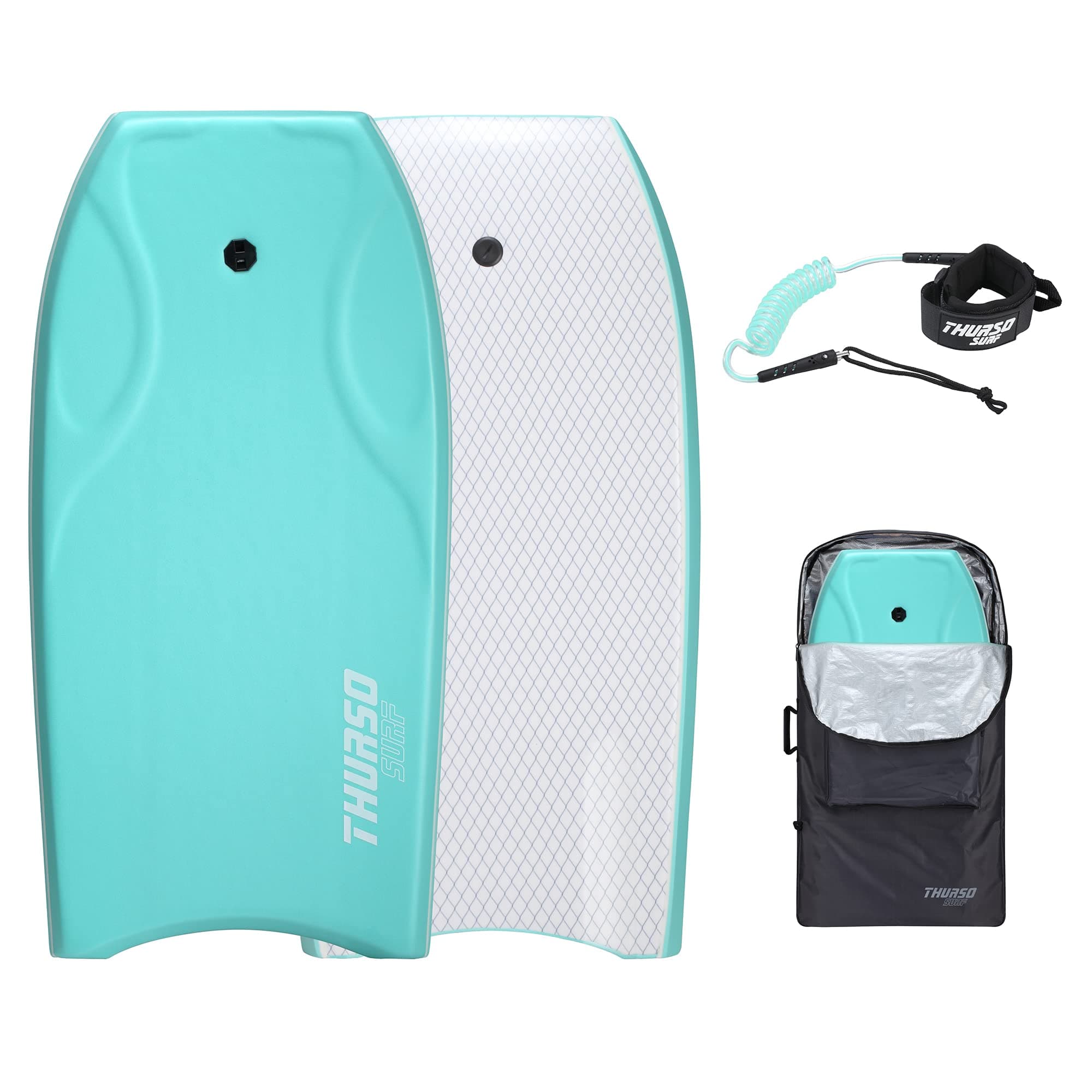 THURSO SURF – Lightning 42-inch Bodyboard, Boogie Board with Light Weight PE Core, IXPE Deck, HDPE Bottom, & FRP Stringers, Wave Board with Stainless Steel Double-Swivel Leash and Carrying Bag
