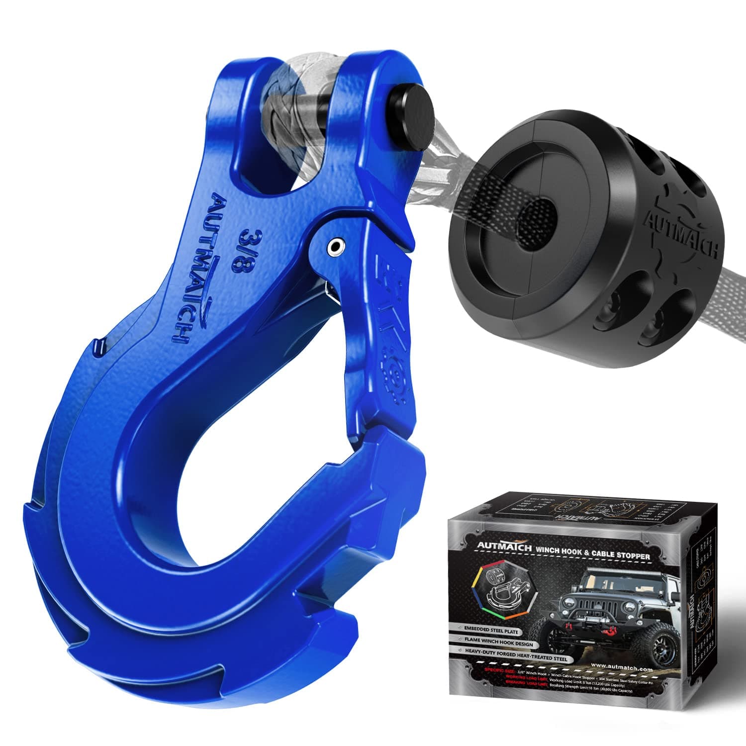 AUTMATCH Winch Hook 3/8" - Clevis Slip Hook with Safety Latch & Winch Cable Hook Stopper, Grade 70 Forged Steel Max 39,600Lbs Work for Winch Rope, ATV, UTV, Off Road Vehicle, Blue