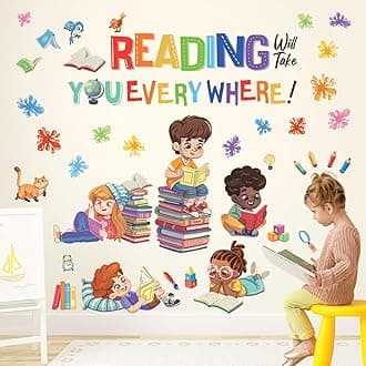 SG2-2404 Kids Reading Corner Wall Stickers Decals Reading Room ABC Décor Classroom Playroom Library Nursery Peel and Stick Removable Baby Boys Girls Decorations School Inspirational