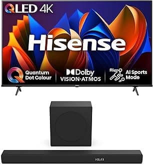 Hisense TV & Soundbar Bundle: 55E77NQTUK TV with Quantum Dot Colour, Dolby Vision Plus the HS3100 Soundbar with 480W Power, Direct Surging Sound, The Perfect Match for the ultimate Audio-Visual Experience