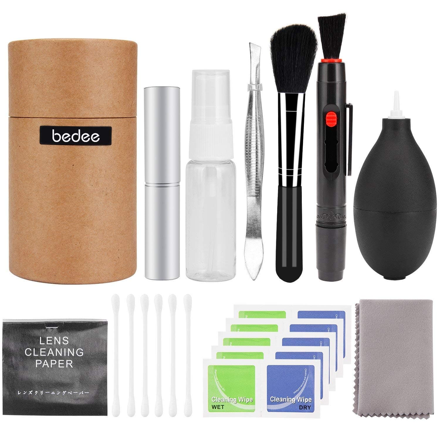 Bedee Professional Camera Lens Cleaning Kit for Optical Lens and Digital SLR Cameras including Double Sided Lens Cleaning Pen/Air Blower/Cleaning Cloth/Lens Brush/Spray Bottle/Tweezers/Wipes/Swabs