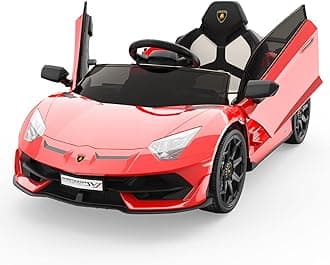 Ride on Car for Kids 12V Licensed Lamborghini Electric Vehicles Battery Powered Sports Car with Control, 2 Speeds, Sound System, LED Headlights and Hydraulic Doors (Red-2)