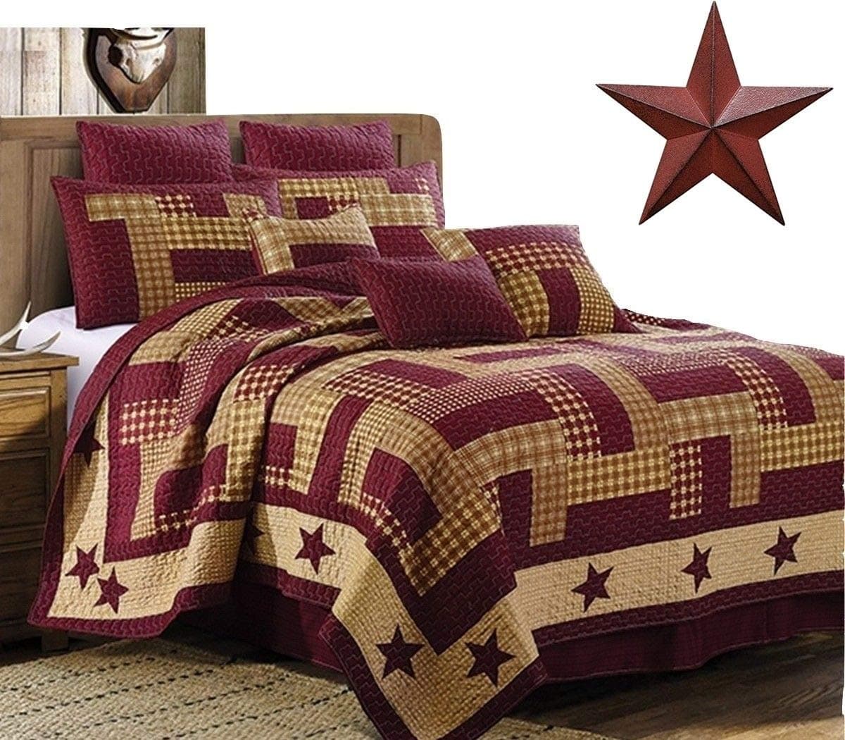 Virah Bella Homestead Red Patchwork Printed 3pc King Size Quilt Set + Metal BARN Star