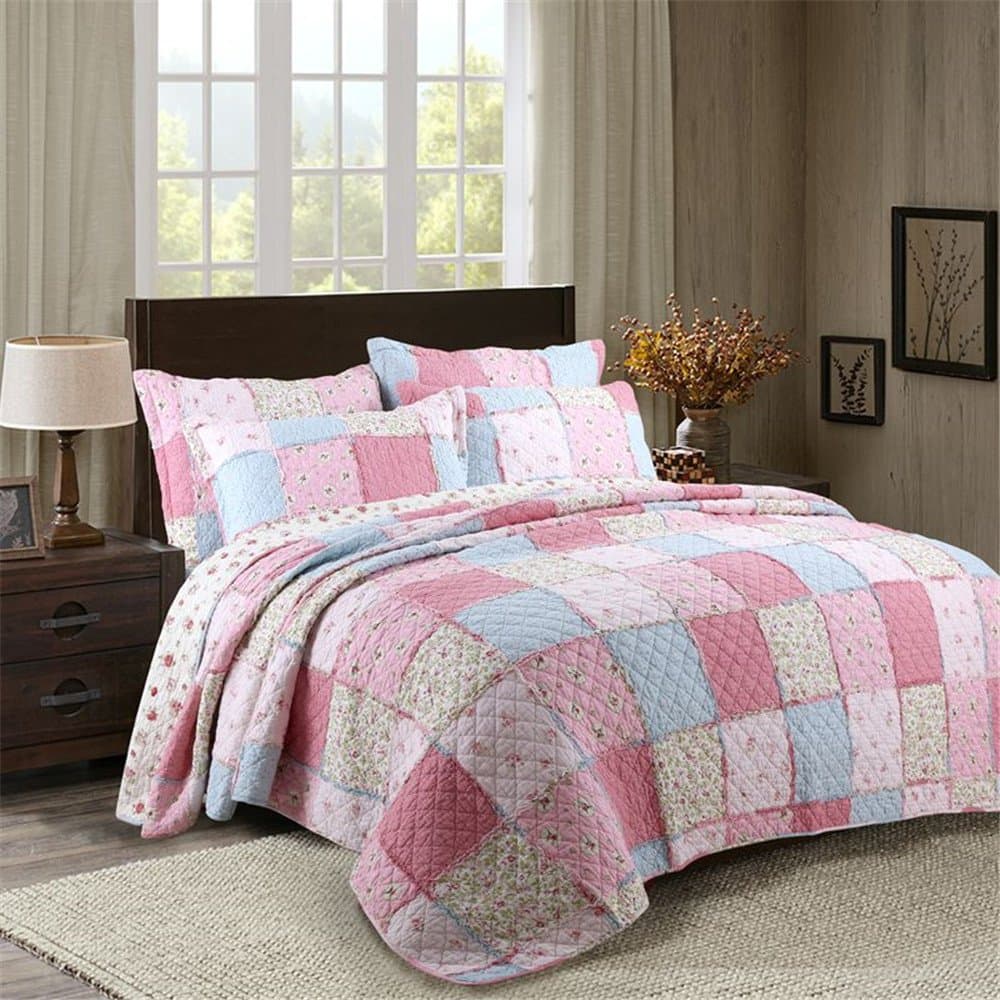 Newrara Plaid Flower 100% Cotton Patchwork Bedding Quilt Set/Bedspread Queen (Pink)