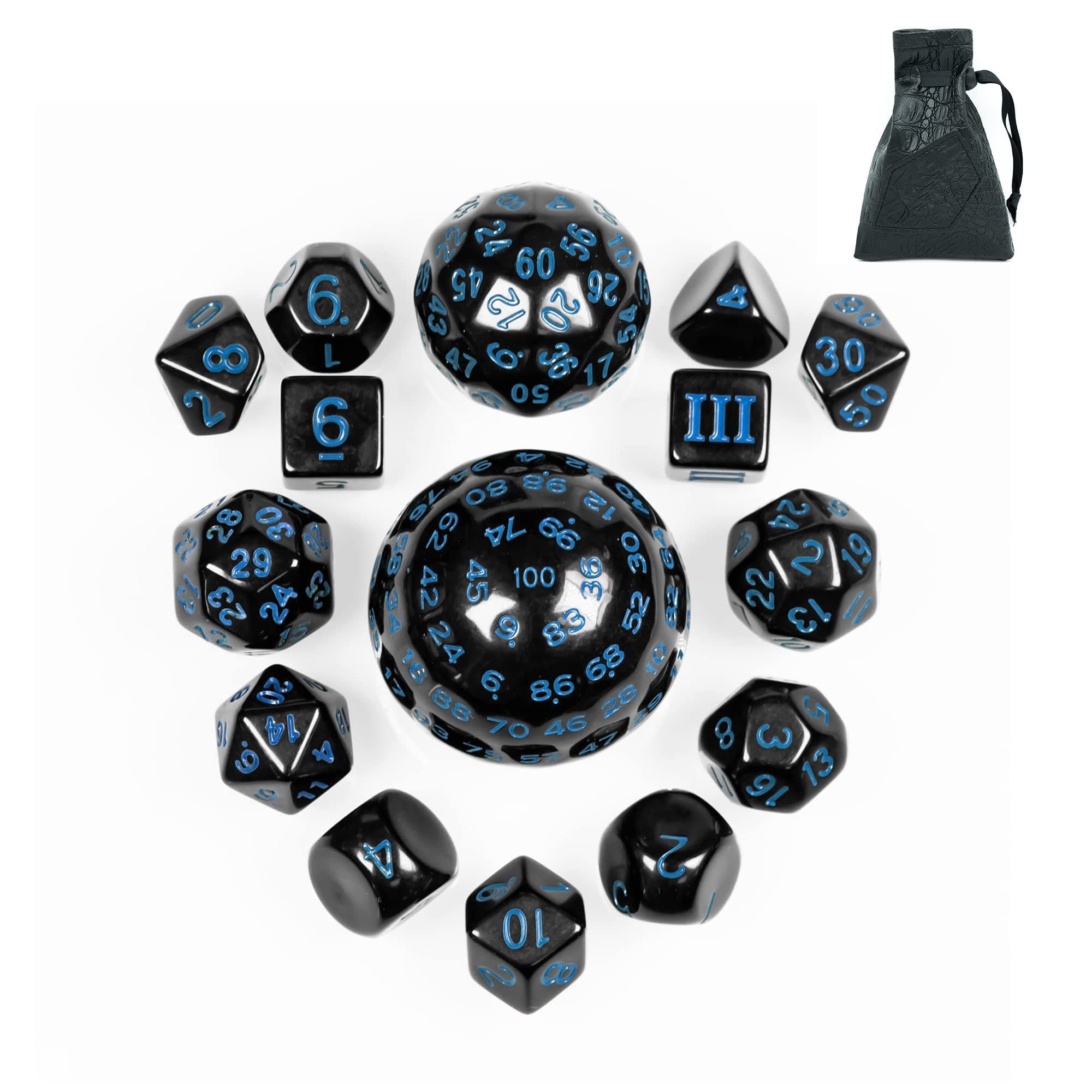 Poludie 15 Pieces Complete Polyhedral DND Dice Set D3-D100 Spherical D&D Dice Set with Dragon Eye Dice Bag, D100 Dice for RPG Table Games(Black w/Blue Numbers)