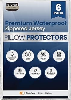 Utopia Bedding 6 Pack Waterproof Pillow Protectors with Zipper Standard Size (White), Bed Bug and Dust Mite Proof Pillow case Covers, Moisture Wicking Pillow Encasements 20 x 26 Inches