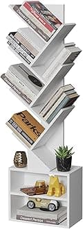 SUNMORY 6 Tier Tree Bookshelf, Tall Bookcase with Storage Cabinet, Modern Narrow Bookshelves Organizer, Floor Standing Book Shelf for Bedroom/Living Room/Home Office/Corner, White