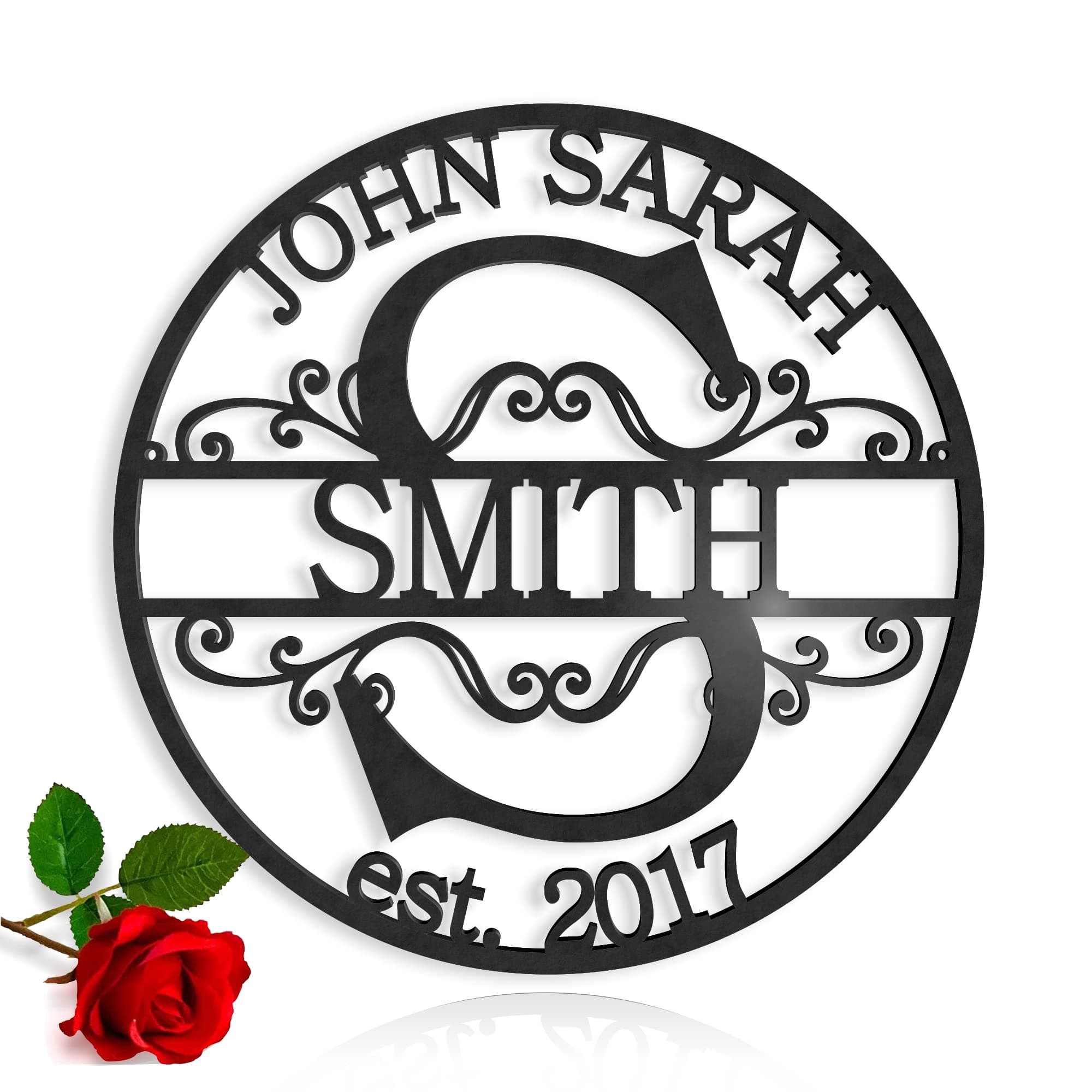 Personalised Family Sign, Last Name Sign, Monogram Initial Split Letter, Wedding Gift, Custom First Names, Est Sign, Established, Door Hanger Sign, Wall Decor, Housewarming, Metal Wall Art (Design 1)