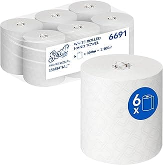 Essential 6691 Rolled Paper Hand Towels, 1-Ply, Standard Roll, 350m, Compatible with Aquarius Dispenser, Fast-Dry Airflex Technology, White, 6 Rolls (2,100m Total)