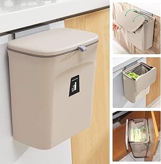 Tiyafuro 2.4 Gallon Kitchen Compost Bin for Counter Top or Under Sink, Hanging Small Trash Can with Lid for Cupboard/Bathroom/Bedroom/Office/Camping, Mountable Indoor Compost Bucket, Coffee