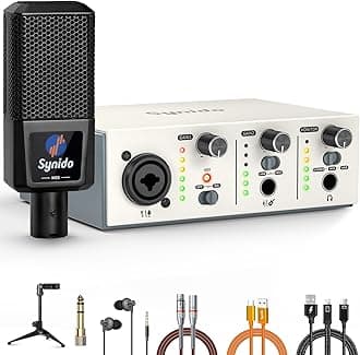 USB-C Audio Interface Bundle, All-in-One Audio Interface with XLR Dynamic Microphone, 48V Phantom Power, Stand, Monitor Earphone, Adapter Cables, perfect for PC Recording Podcasting, Silver