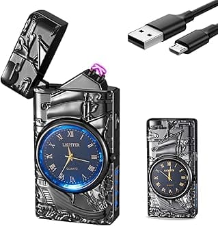 Electric Lighter with Clock YOZWOO USB Rechargeable Lighter with LED Light, Plasma Dual Arc Lighters with LED Power Display for Candle, Cool Lighters Gifts for Men and Women (Black-Boat)