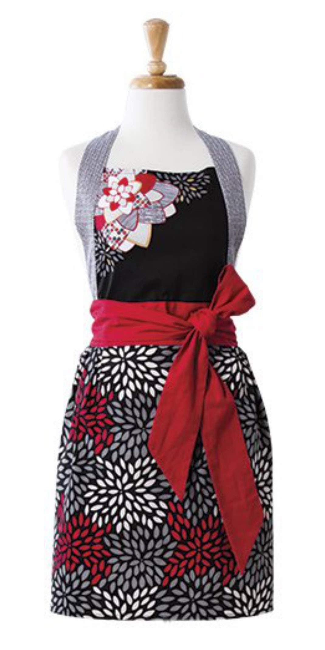 Ladelle Mika Apron with Kimono Sash, Black/Red