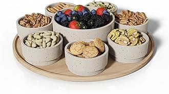 Condiment Dip Serving Tray - Snack Platter Round - Ceramic Serving Tray - Chip & Dip Sets with 7 Stackable 3oz Bowls and 1x14 oz Bowl - Dishwasher, Microwave and Oven Safe (Warm Grey)
