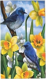 VARUN Long Hand Towels Lovely Blue Birds Ultra Soft Towel Yellow Blooming Flowers Spring Pretty Floral Art Painting Absorbent Luxury Towels for Bathroom Hotel Gym and Spa 27.5x15.7in