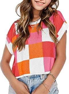 Girls Spring Crop Tops 2026 Summer Sweaters Cute Cap Sleeve Colorblock Loose Teen Top School Picture Outfits