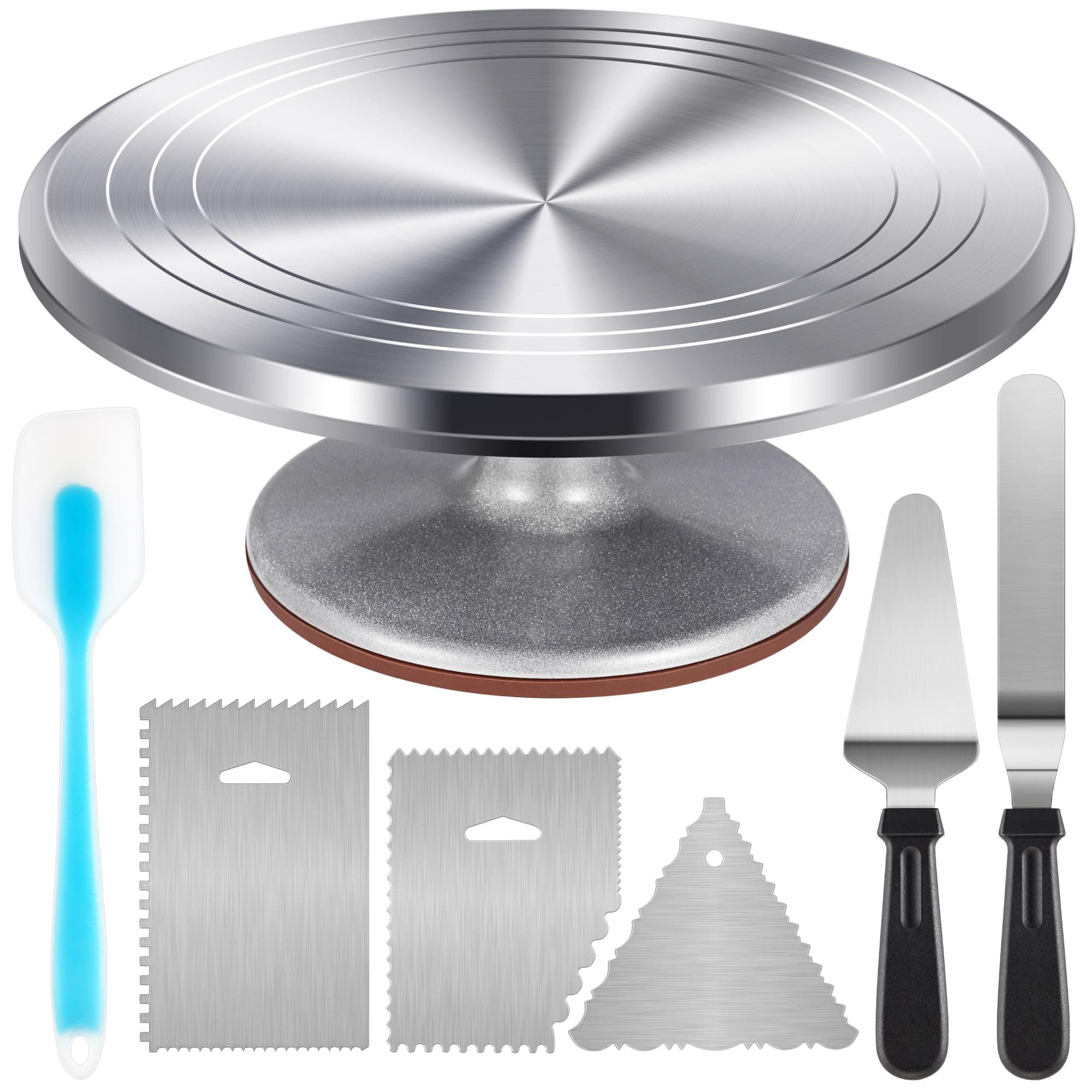 Kootek Aluminium Cake Turntable Set, Baking Tools with Revolving 12" Cake Stand for Decorating, 12.7" Offset Spatula, 3 Stainless Steel Frosting Icing Smoother, Cake Serve Cake Decorating Kit Supplies