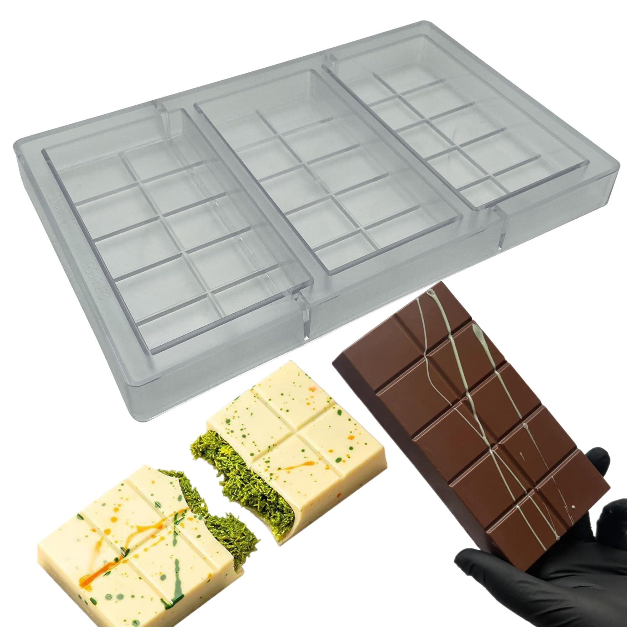 Polycarbonate Mold For Dubai Bars Large Chocolates Making 3-Cavities Deep Filled Break Apart Protein Bar Molds for Dubai Candy Bars Energy Bar Maker Mould
